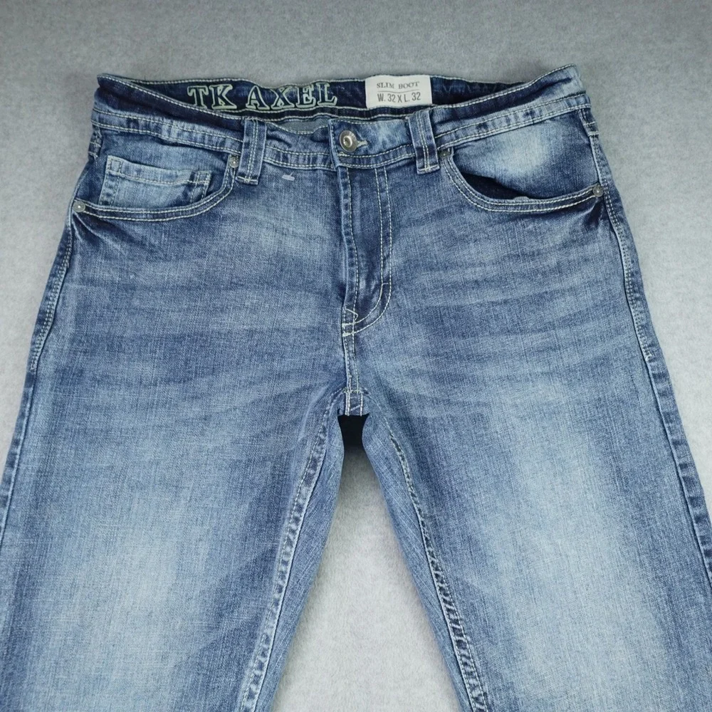 TK Axel Jeans Mens 32x32 Blue Faded Slim Boot Embroidered Flap Pocket
